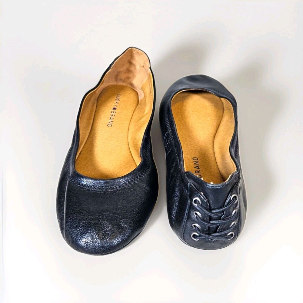 Lucky Brand Emmie Black Leather Ballet Flats Corset Lace Up Heel Size 8.5 M 38.5